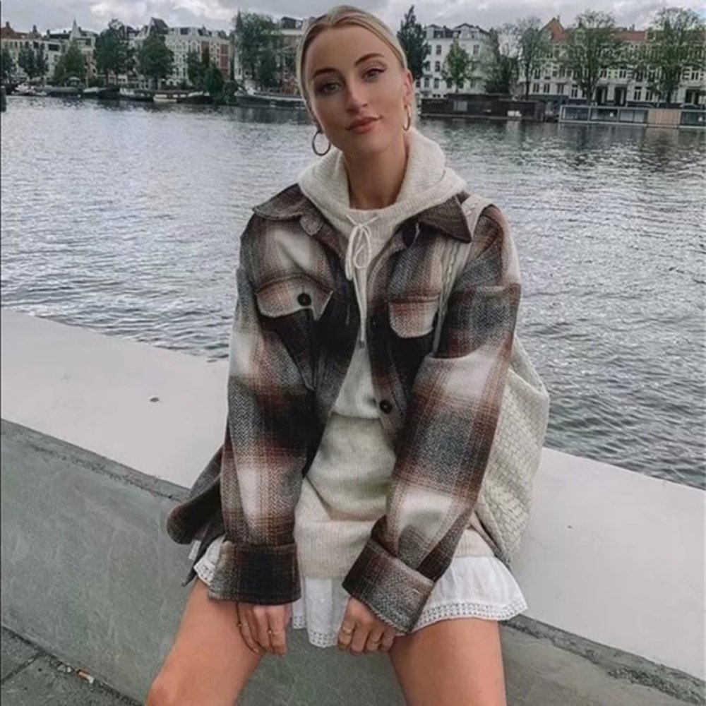 Boyfriend Fit Plaid Jacket Coat Brown Trucker - Picture 1 of 16